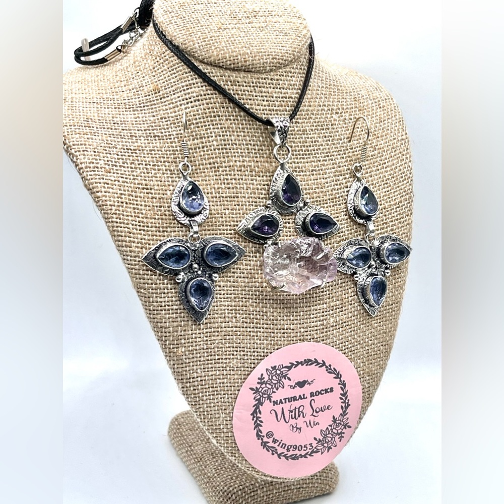 Sea Glass & Purple Statement Piece Pendant & Earrings Set - Picture 4 of 5